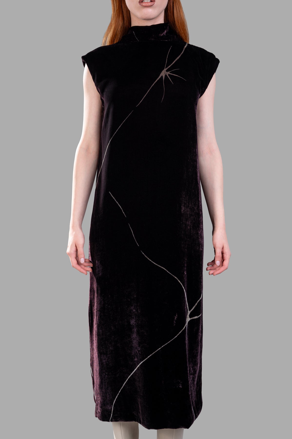 Gentry Portofino Velvet Dress in burgundy, featuring a sleek H-silhouette and cap sleeves, shown on model.