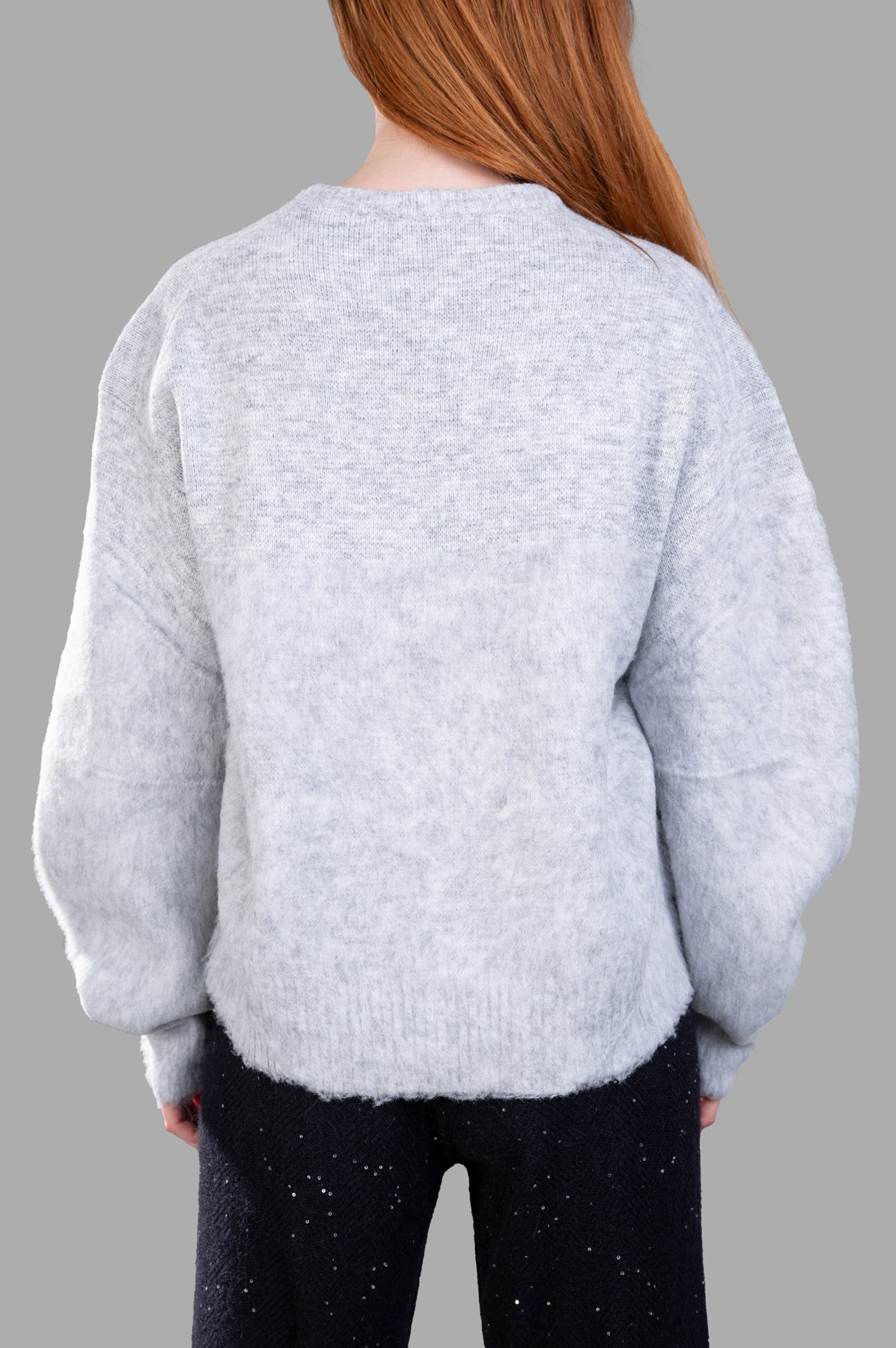Helmut Lang Brushed Apex Sweater showcased from the back, featuring soft fabric and relaxed fit in light gray.