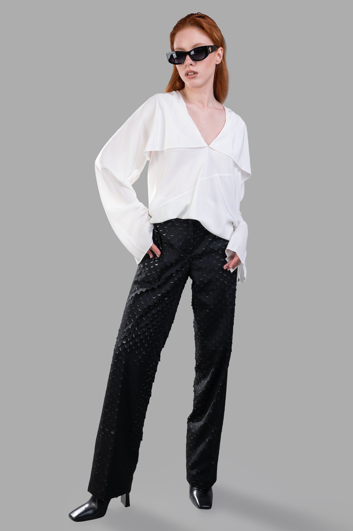 Helmut Lang bias-cut silk crepe de chine scarf blouse, front view, on-model, white, draped sleeves, elegant style.