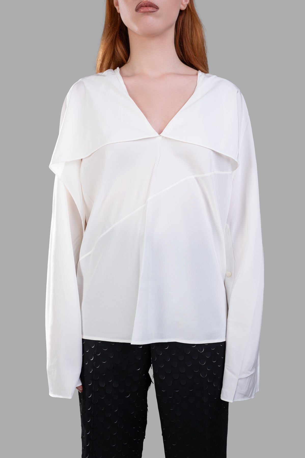 Helmut Lang Scarf Blouse in white silk crepe de chine, featuring draped sleeves and a V-neckline, worn on a model.