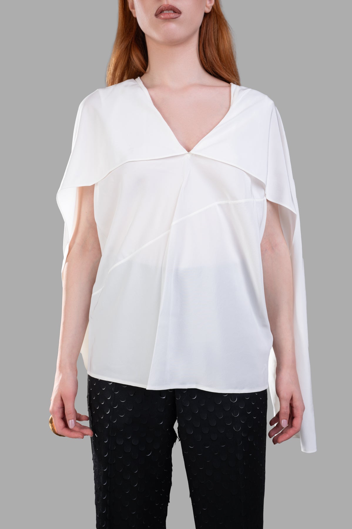Helmut Lang Scarf Blouse in white silk crepe de chine, highlighting flowing sleeves and V-neck on a model, perfect for.