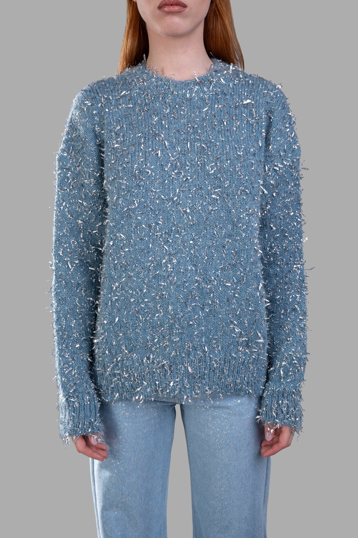MSGM Lamé Thread Sweater in blue, featuring frayed silver ribbon weaves, ribbed collar, and regular fit, on-model.