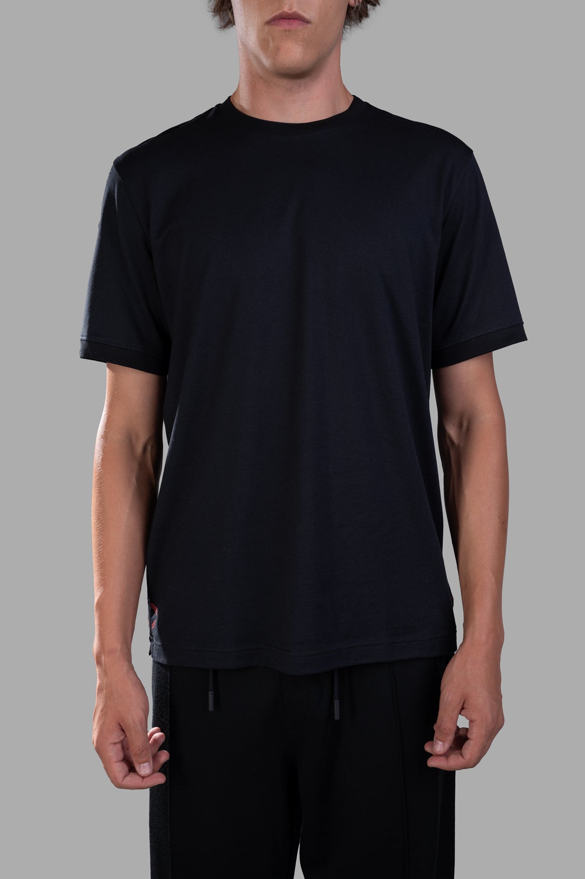 Orlebar Brown 'Lamborghini' Logo T-shirt, on-model front view of black crewneck short-sleeve tee