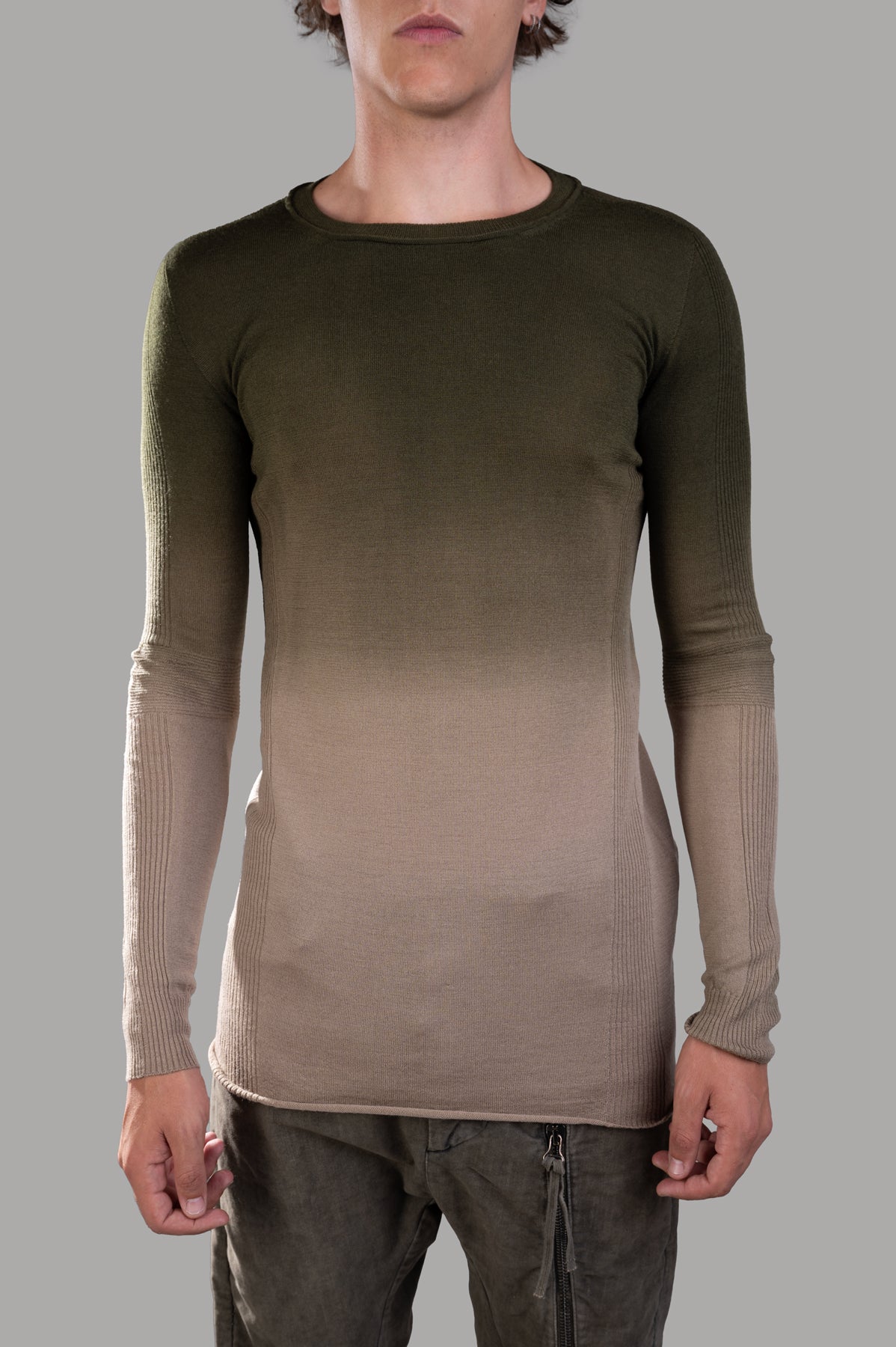 Masnada Ombre Sweater in green/beige, showcasing fine-knit texture and ribbed detail on a model for a stylish fit.