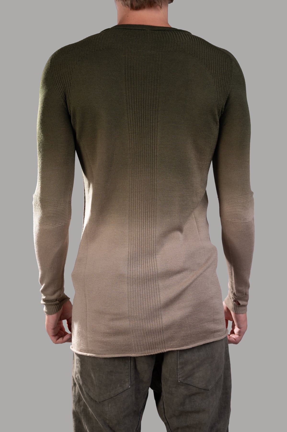 Masnada Ombre Sweater in green/beige, featuring a fine-knit design and ribbed texture, shown from the back on a model.
