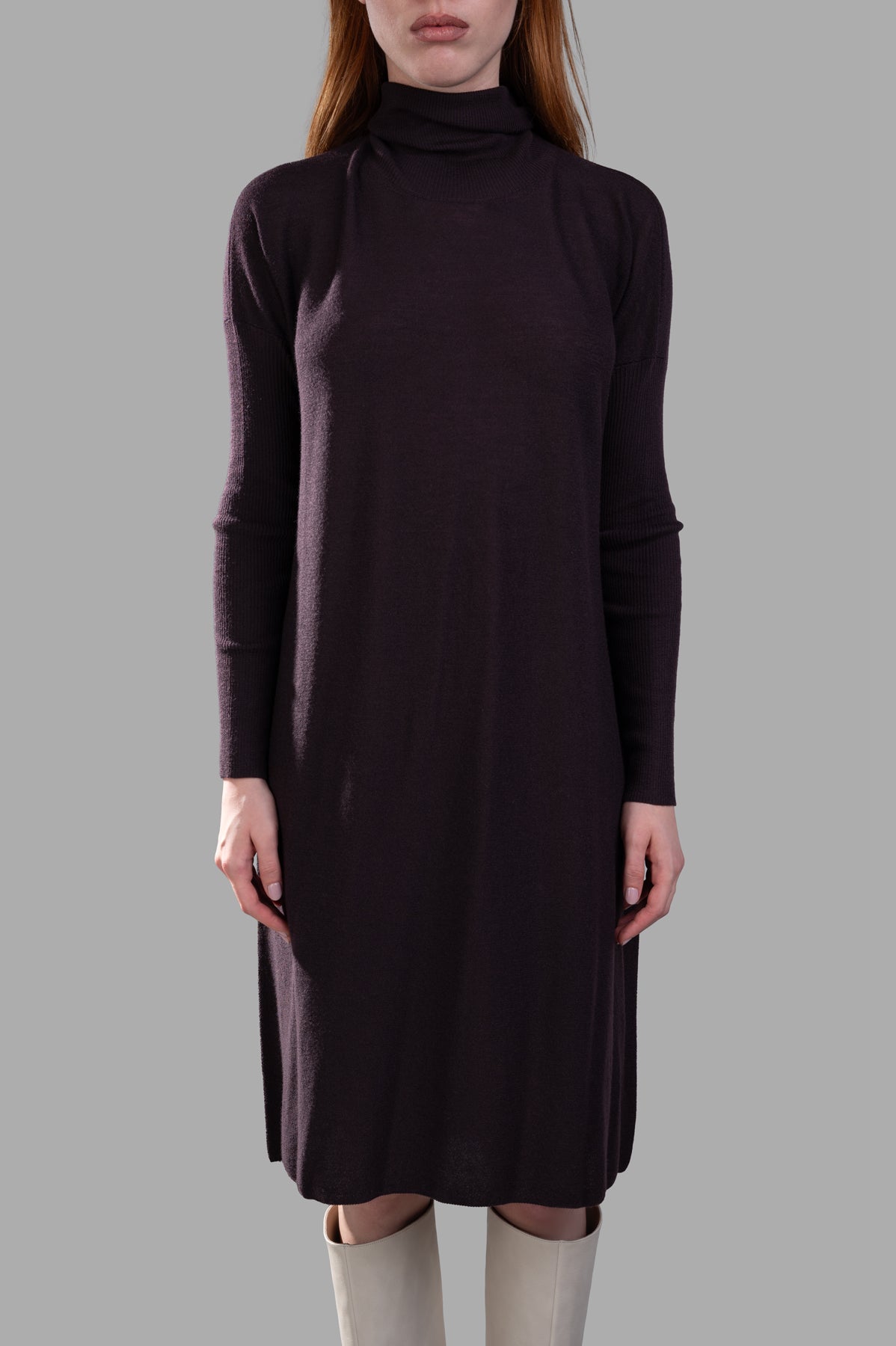 Gentry Portofino Knit Midi Dress showcased in burgundy with turtleneck, dropped shoulders, and fitted ribbed sleeves.