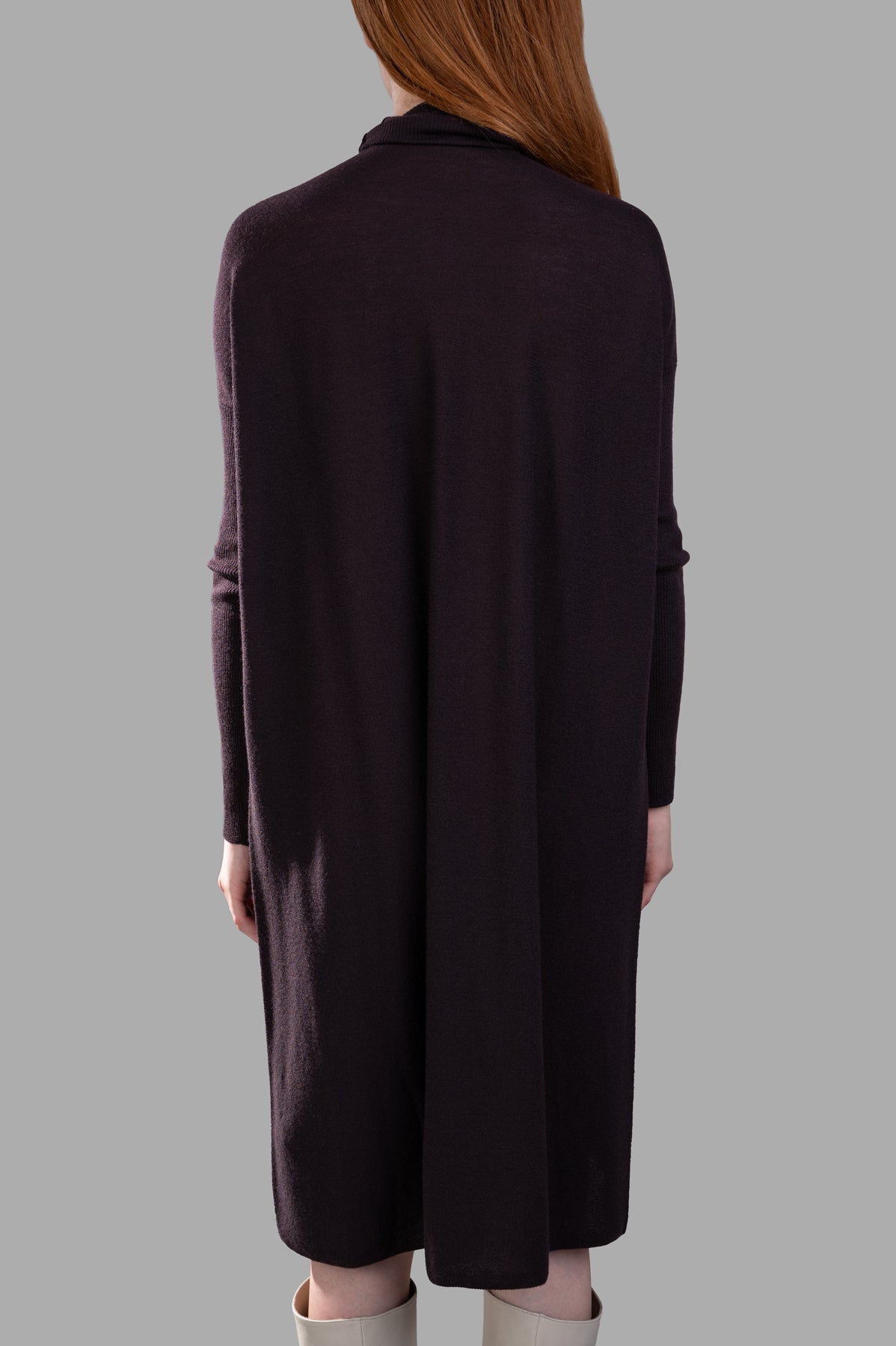 Gentry Portofino Knit Midi Dress in burgundy, showcasing the elegant turtleneck and dropped shoulders from the back.