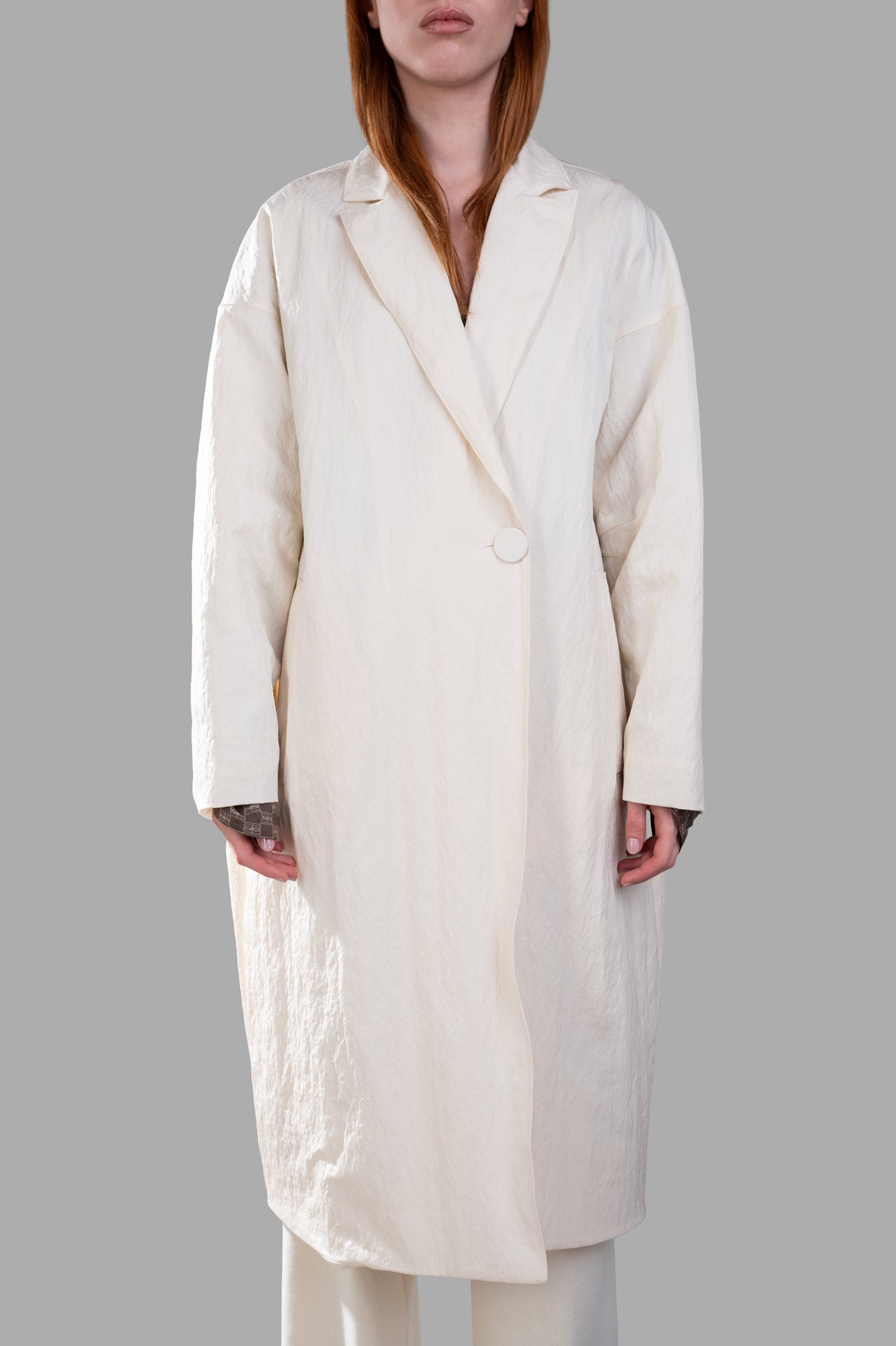 Gentry Portofino Cream Oversized Coat, textured midi design with single-breasted fastening, perfect for layering.