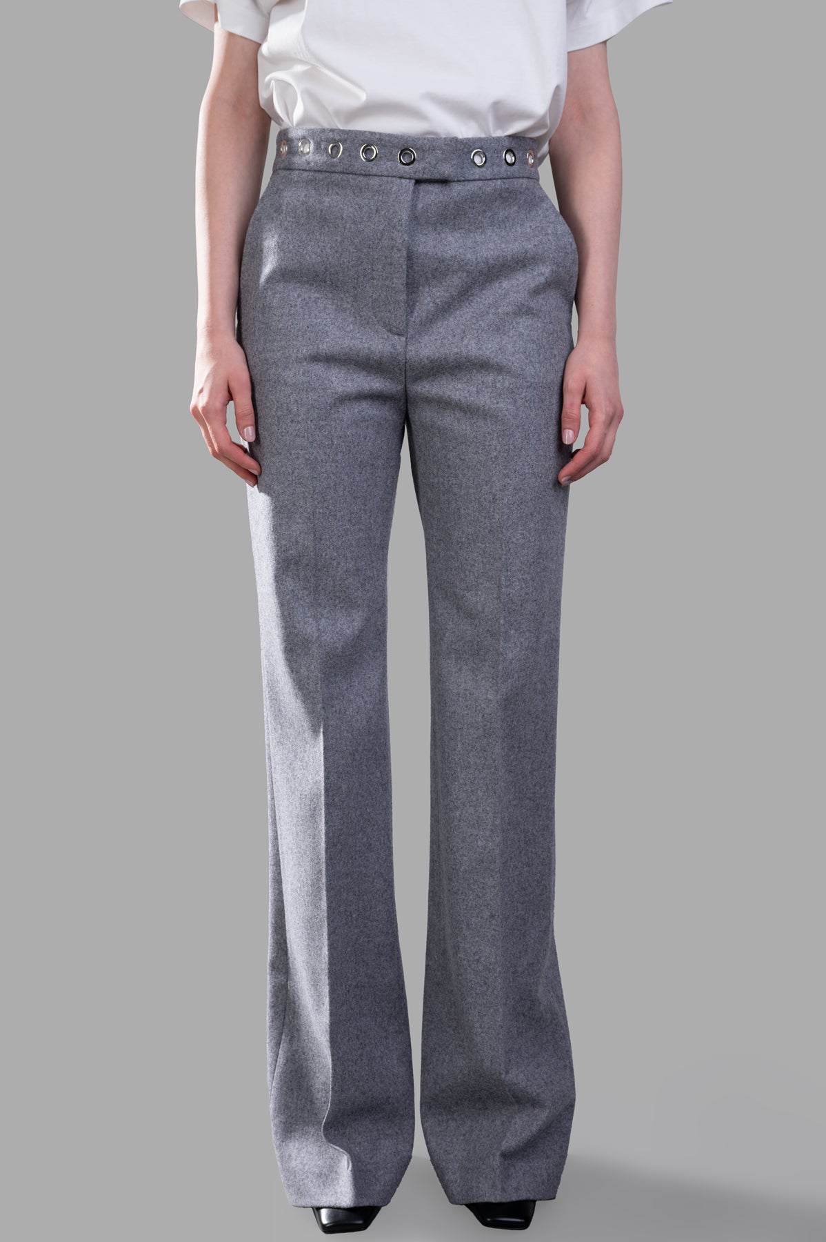 MSGM Wool Pants With Studs in grey, featuring a relaxed straight-leg fit and decorative stud details on the waistband.