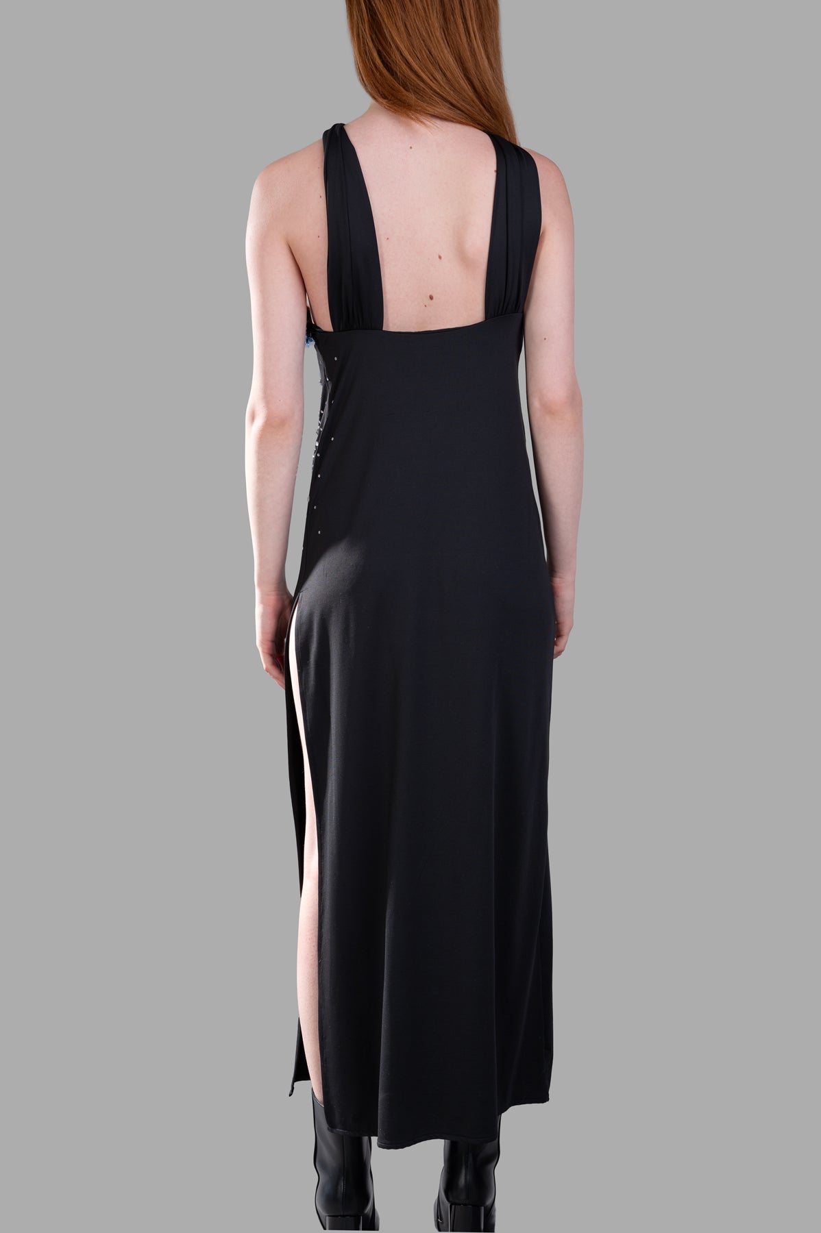 DES PHEMMES Halterneck Dress featuring a deep back design and glamorous bedazzled details, showcasing elegant silhouette and slits.**