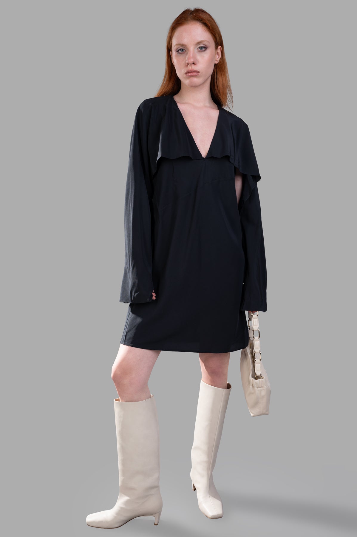 Helmut Lang Scarf Dress in black silk, front view on-model, showing draped cape-like sleeves.