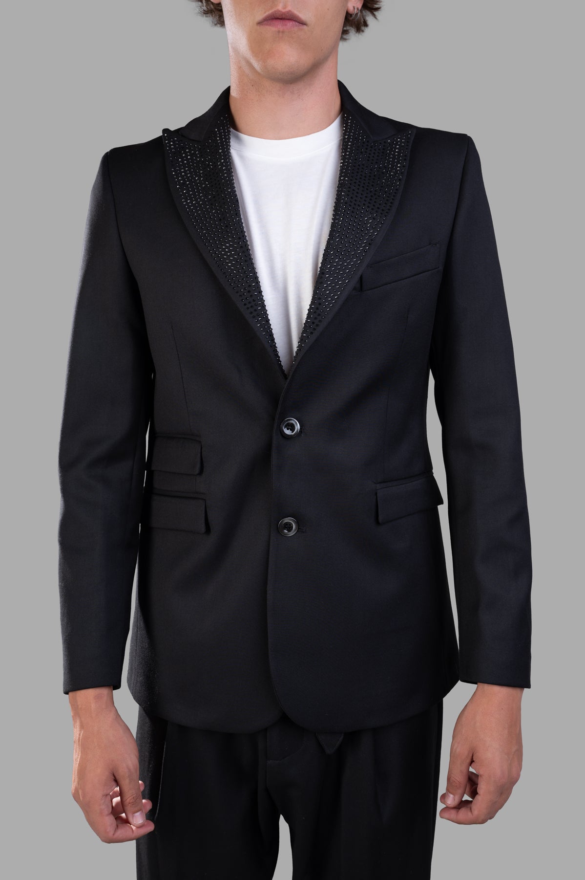 Gaëlle Paris Bedazzled Blazer, displaying a front view with a sparkling collar and sleek fit on-model.