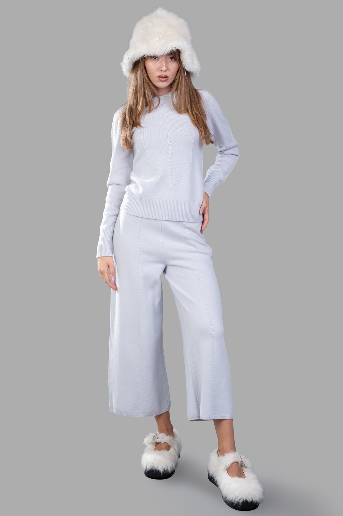 Joseph Soft Wool Jumper in light grey, on-model view; ultrasoft merino wool with ribbed texture and hexagon pattern.