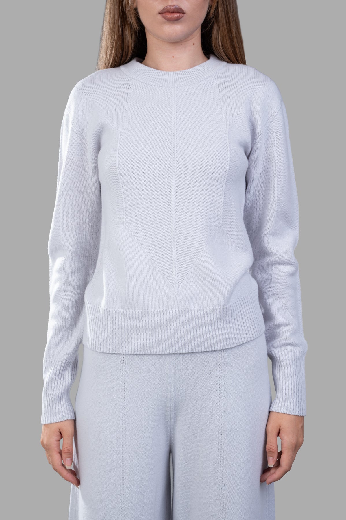 Joseph Soft Wool Jumper in light grey, showcasing front view with ribbed collar and hexagon-pattern detail.