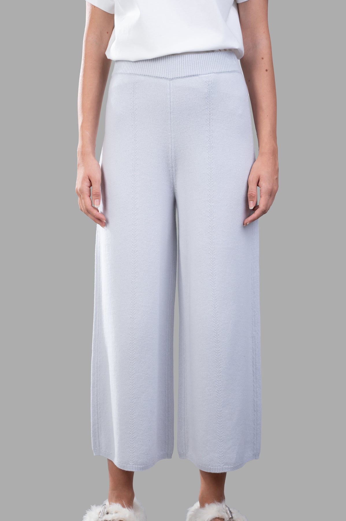 Joseph Soft Wool Culottes in light grey, featuring a ribbed waistband and needlework detailing, shown on model from the.