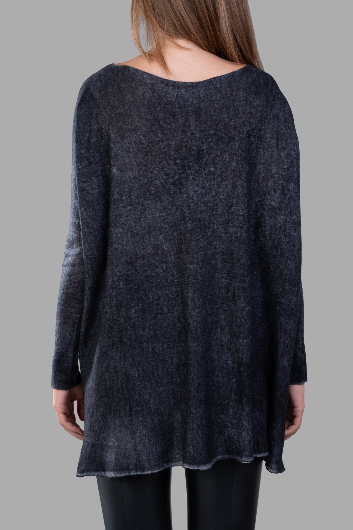Avant Toi Melange Sweater in grey, showcasing the elegant boat neckline and unique handkerchief hem from the back.