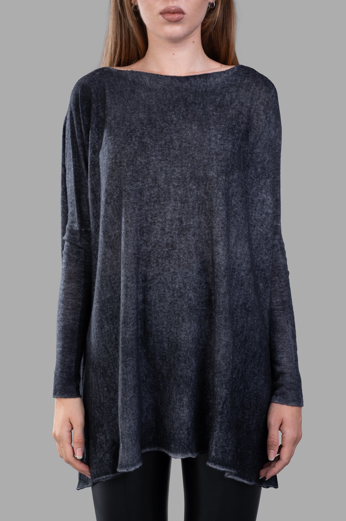 Avant Toi Melange Sweater in grey, featuring a boat neckline and dropped shoulders, shown on model, highlighting soft.