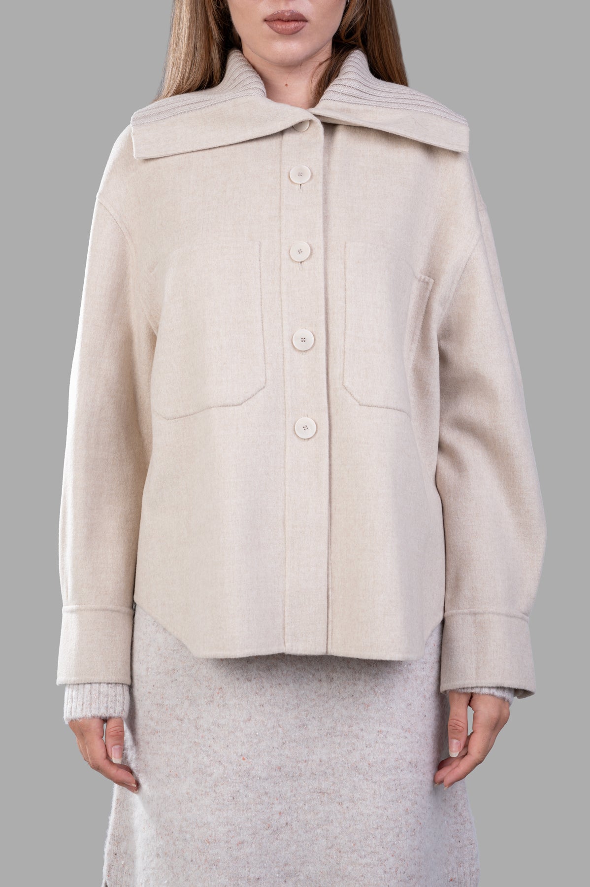 Joseph Light Overshirt Jacket, ecru wool-silk blend, relaxed-fit, wide knitted collar, visible buttons and pockets.