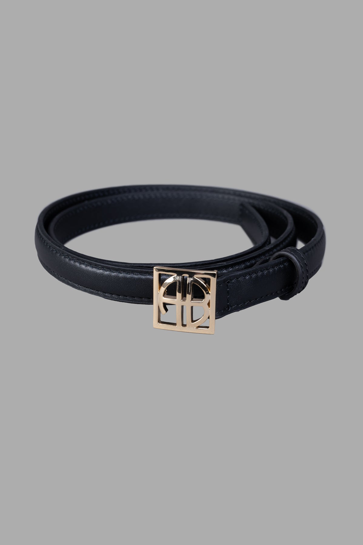 Anine Bing Monogram Belt in black leather, featuring a gold-tone square buckle. Close-up view showing sheen and texture.
