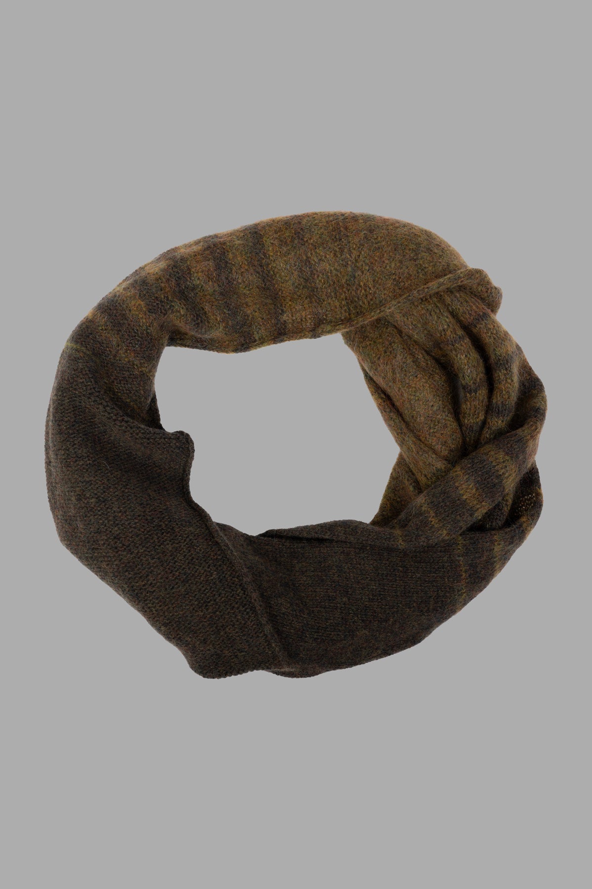 Masnada Striped Scarf close-up showing green wool blend, featuring a fine knit texture with stylish horizontal stripes.