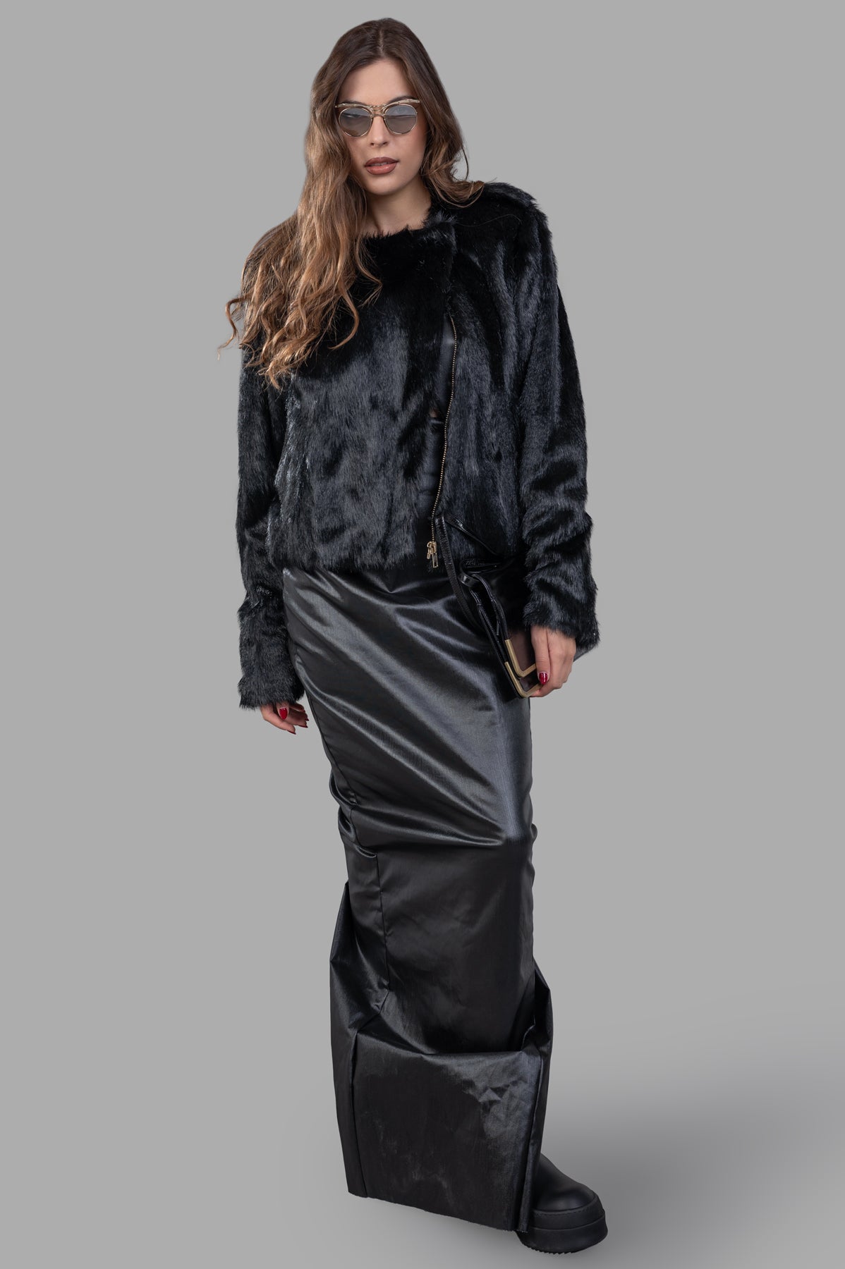 Alabama Muse Faux-fur Jacket, black, front view with bold sustainable texture, long-haired design on model.