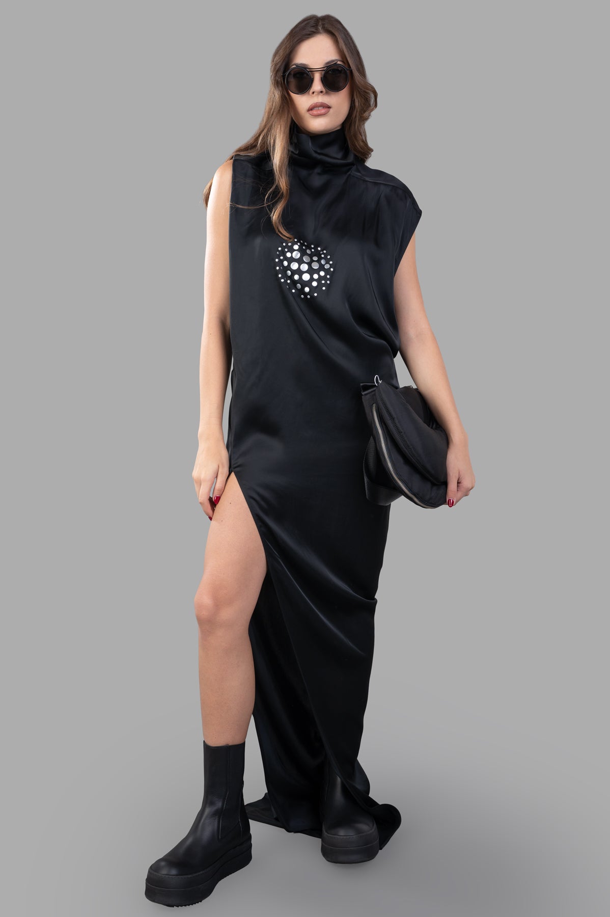 Rick Owens Porterville Edfu T Dress in black, front view on model. Sleeveless, high slit, with unique beaded detail.