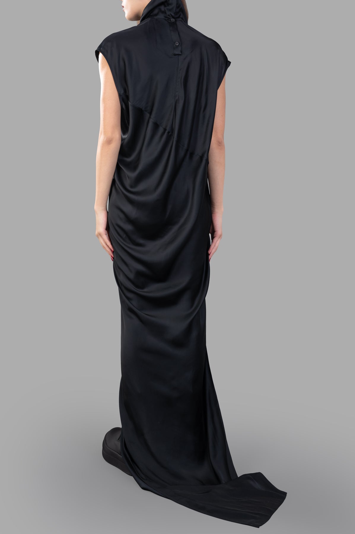 Rick Owens Porterville Edfu T Dress in black, showing back detail, high neck, and long flowing train. Luxurious satin.