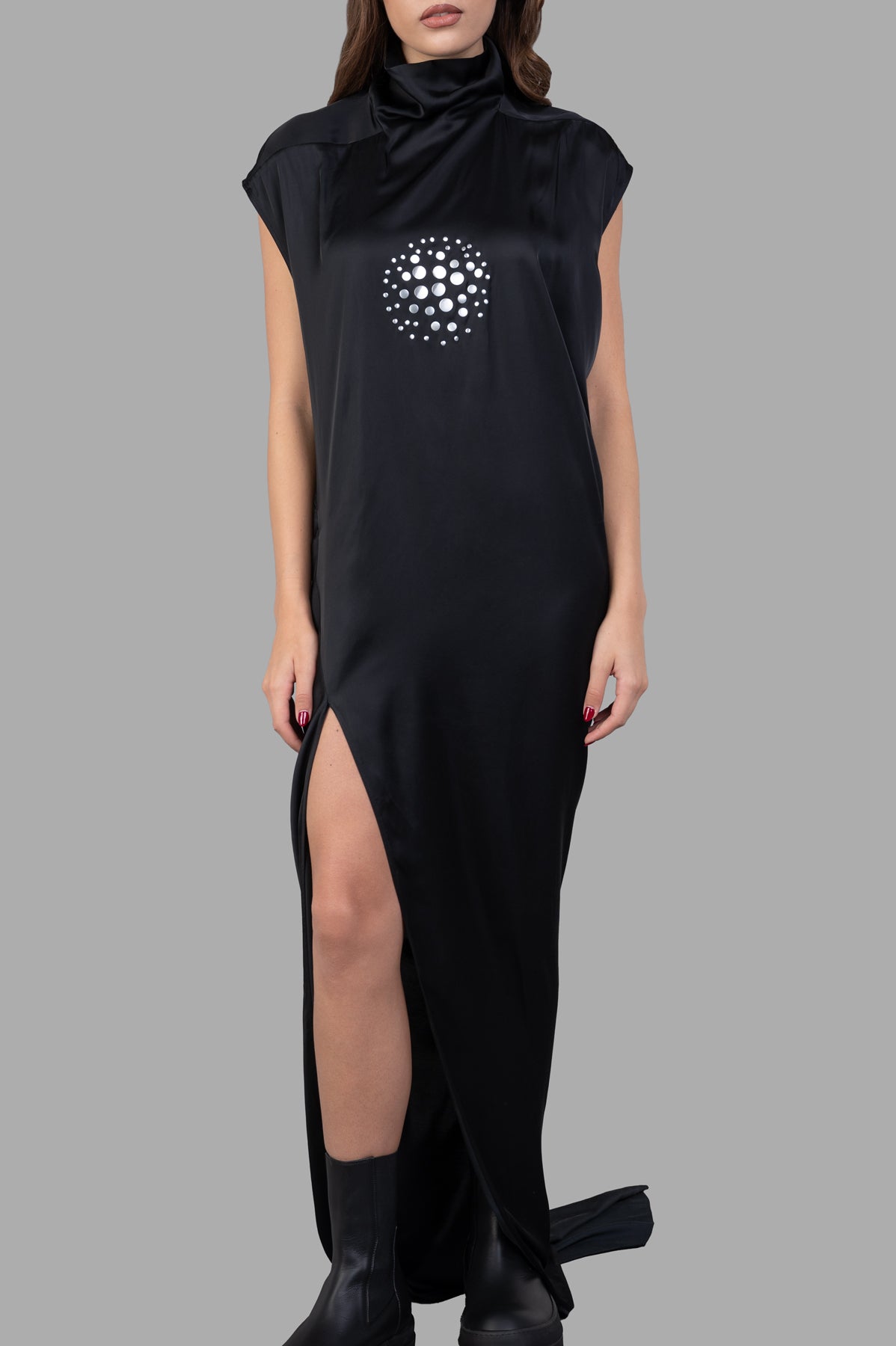 Rick Owens Porterville Edfu T Dress, sleeveless black gown with high neck, side split, and decorative detail on model.