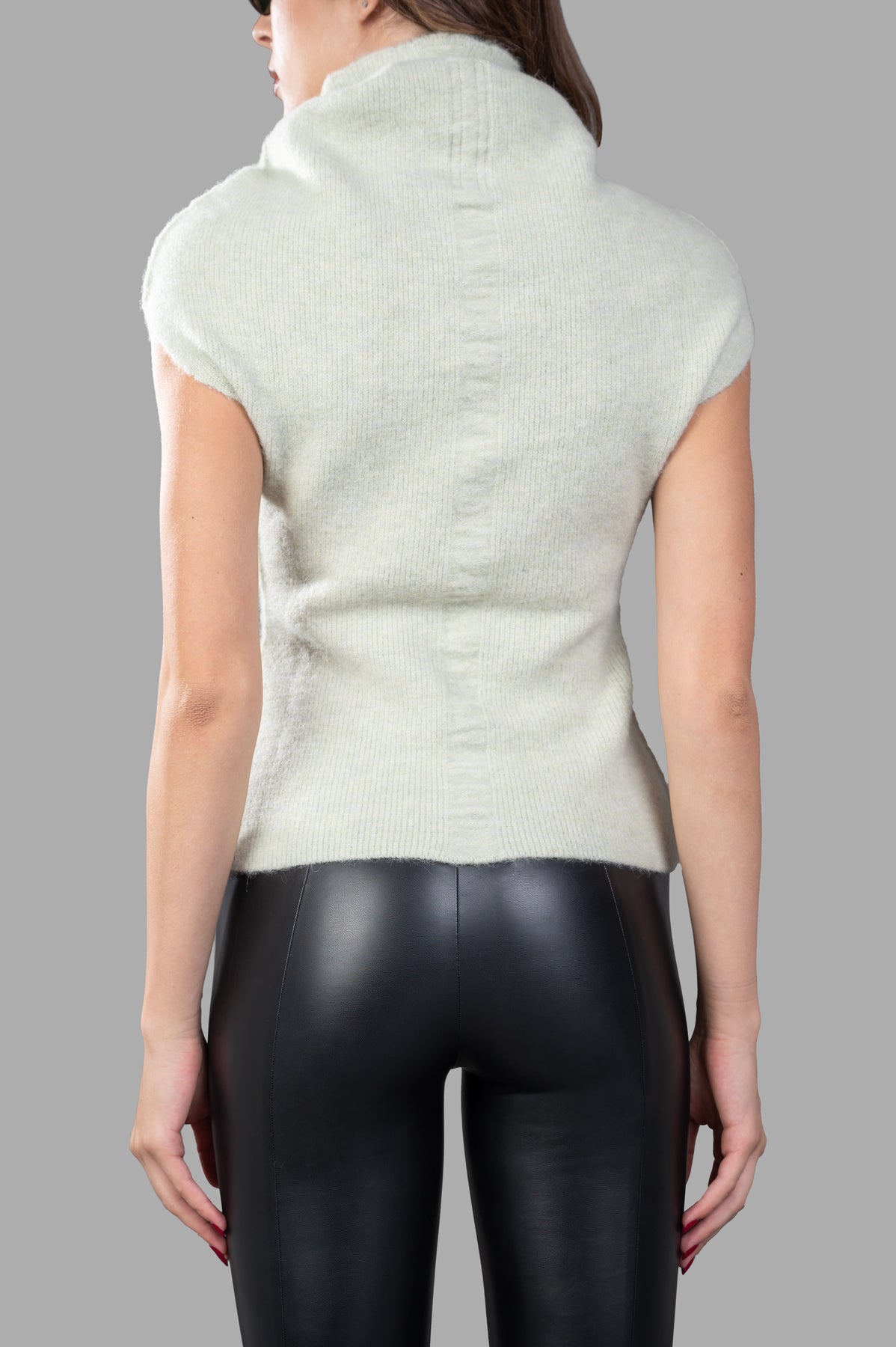 Rick Owens Crater Sweater Vest in mint green, showcasing back detail, ribbed hem, and relaxed fit. Stylish sleeveless design.
