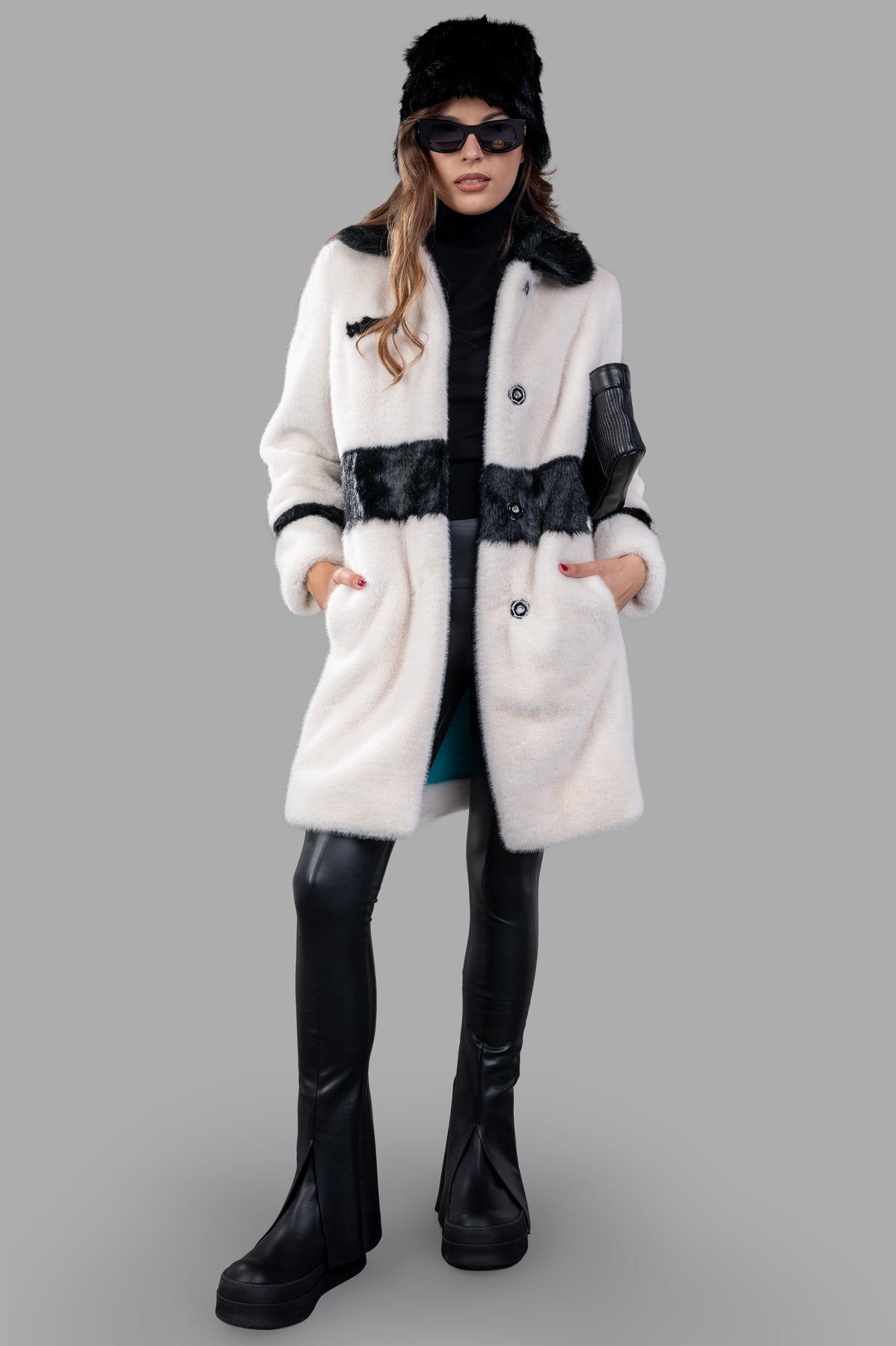 Alabama Muse Color-block Faux-fur Coat in white/black, front view on model, showcasing sustainable, animal-free texture.