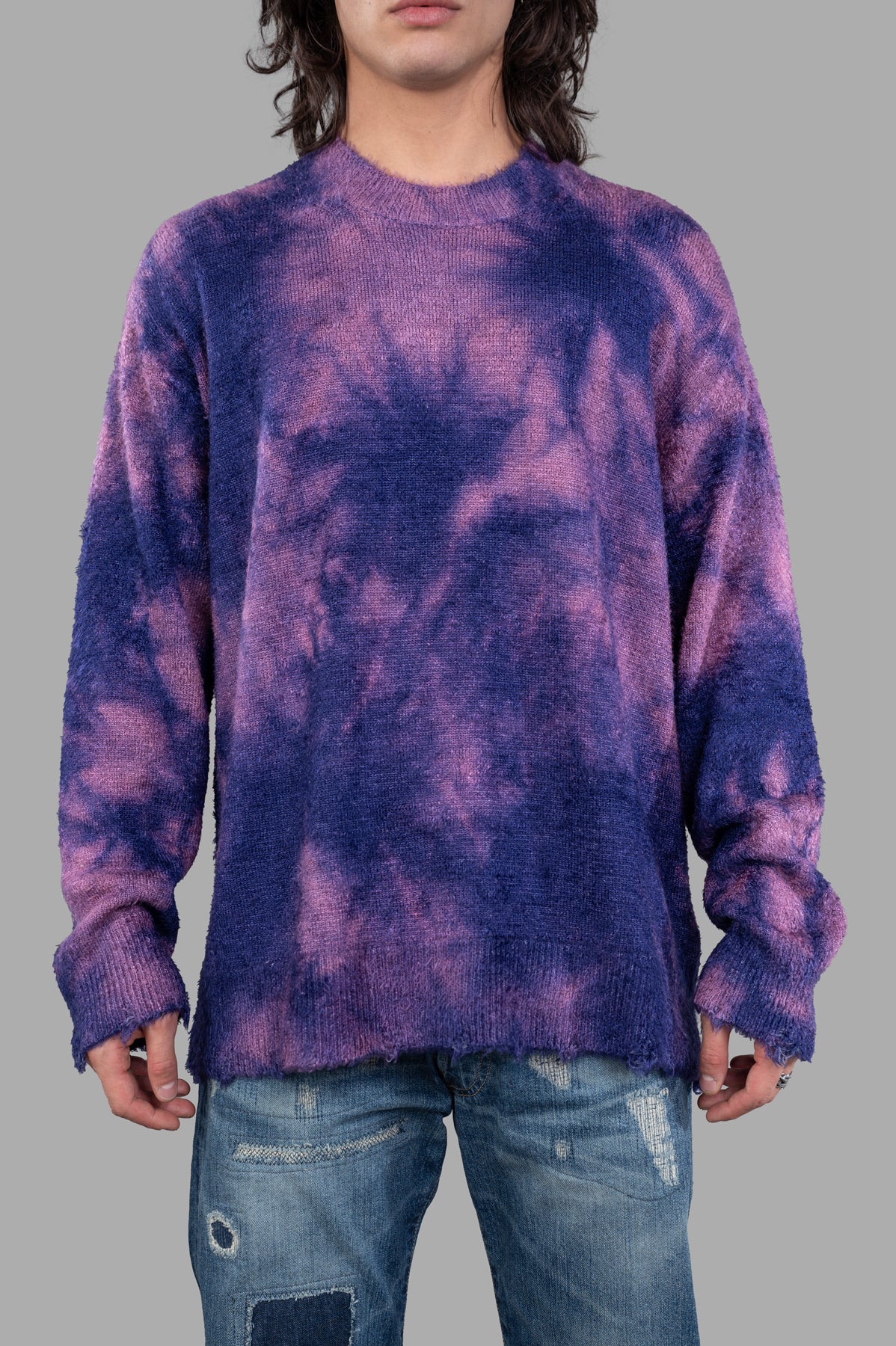 Junya Watanabe Dyed Sweater in blue/pink, ribbed collar, front view, featuring unique uneven dye pattern and soft texture.