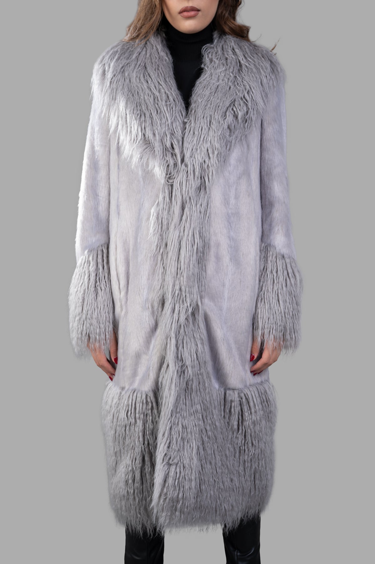 Alabama Muse Long-line Faux-fur Coat in grey, featuring a plush texture with a stylish oversized fit, shown front view.