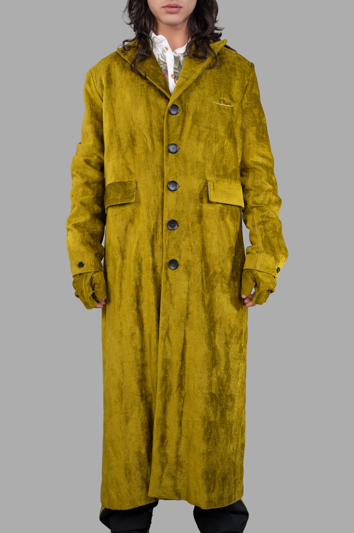 Marc Point Mustard Maxi Coat displayed front, showcasing button closure, sharp lapels, flapped side pockets, and soft.