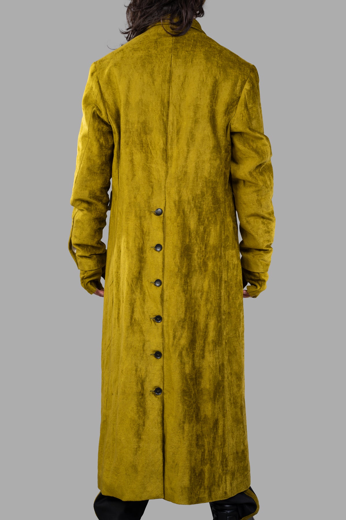 Marc Point Mustard Maxi Coat shown from the back, featuring a full button closure and soft textured fabric.