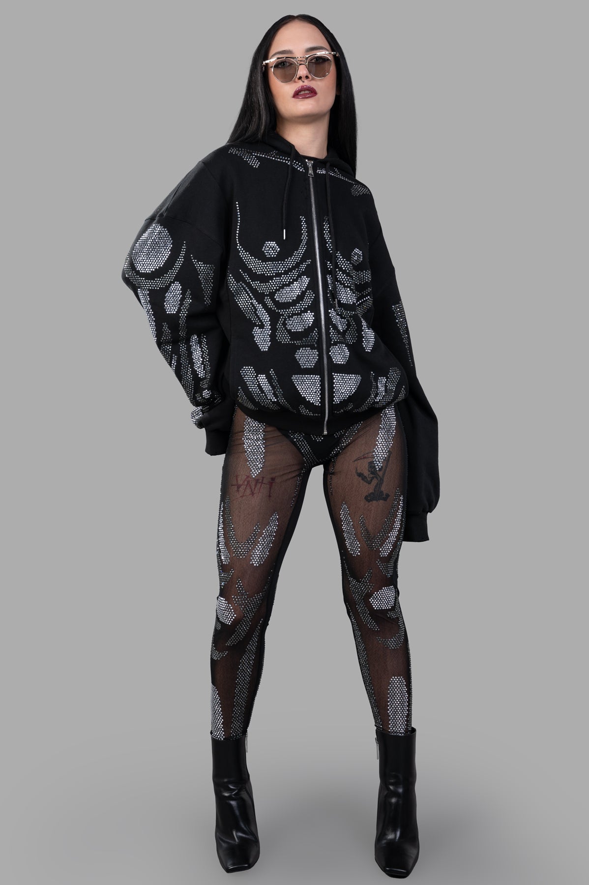 Natasha Zinko Rhinestone Embellished Hoodie, front view on model, black cotton with dazzling rhinestones and zip fastening.