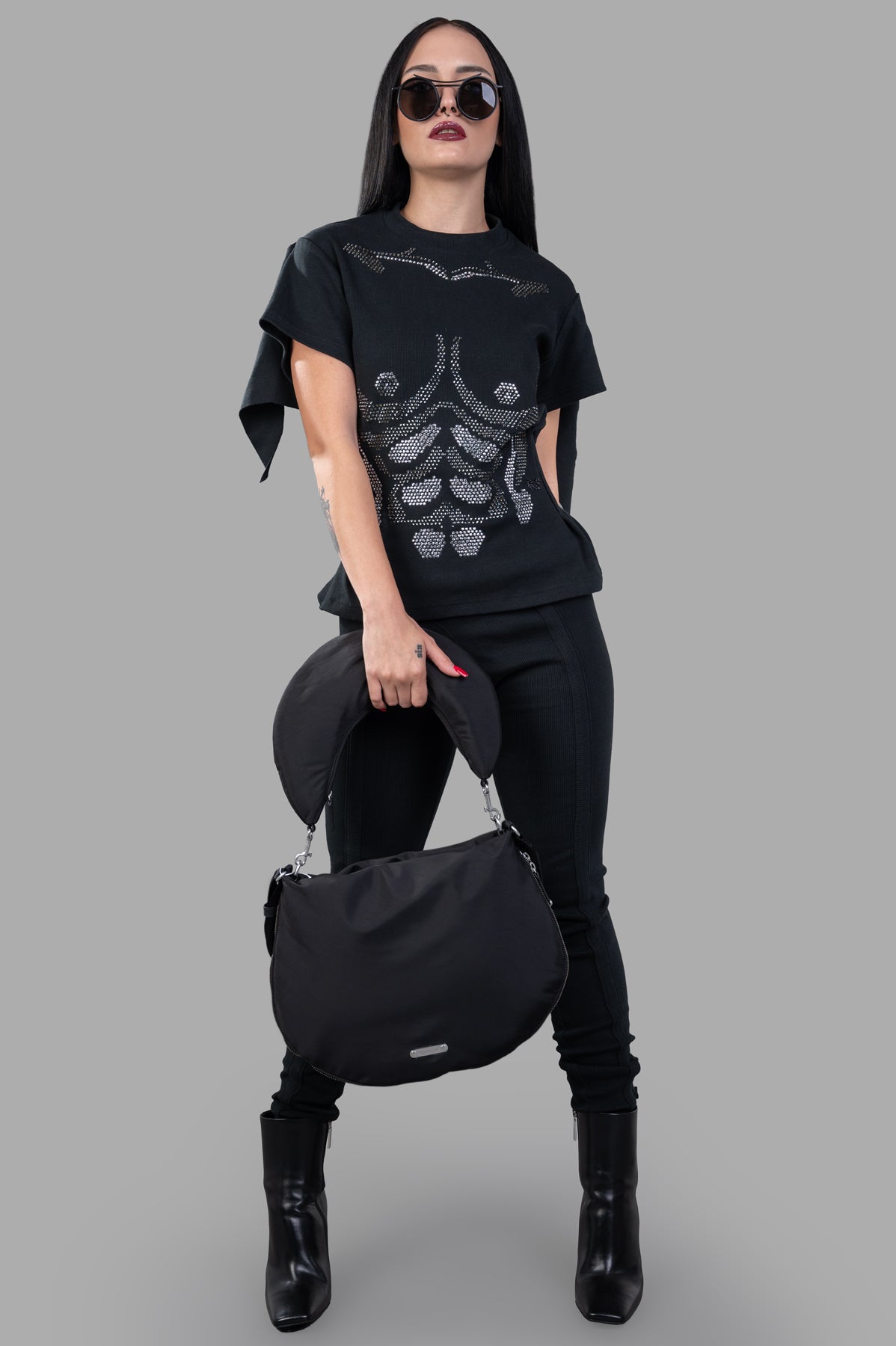 Natasha Zinko Rhinestones Embellished T-shirt shown from front, highlighting deconstructed sleeves and sparkling detail in.