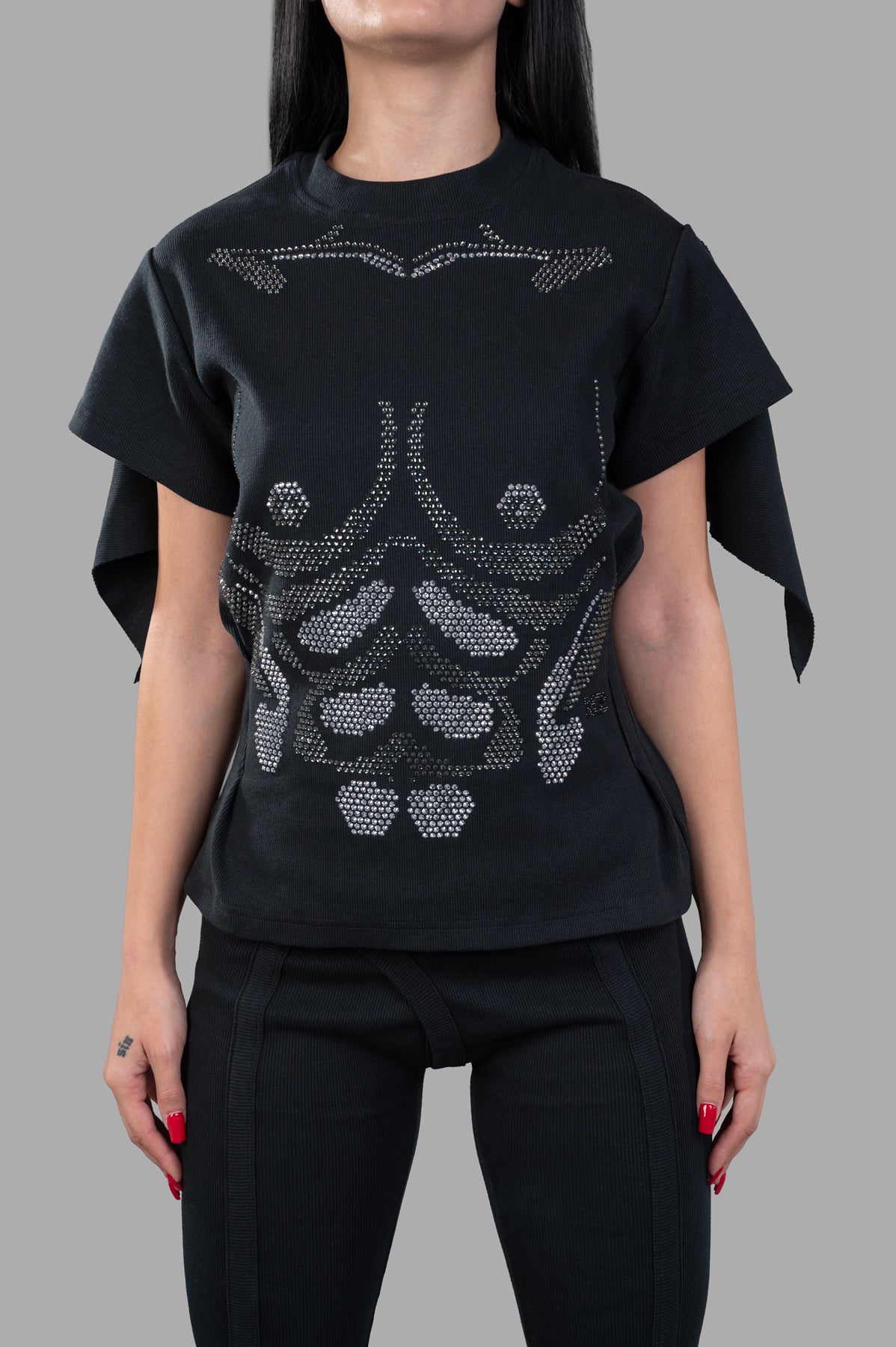 Natasha Zinko Rhinestones Embellished T-shirt featuring sparkling rhinestones and unique deconstructed sleeves, shown on.