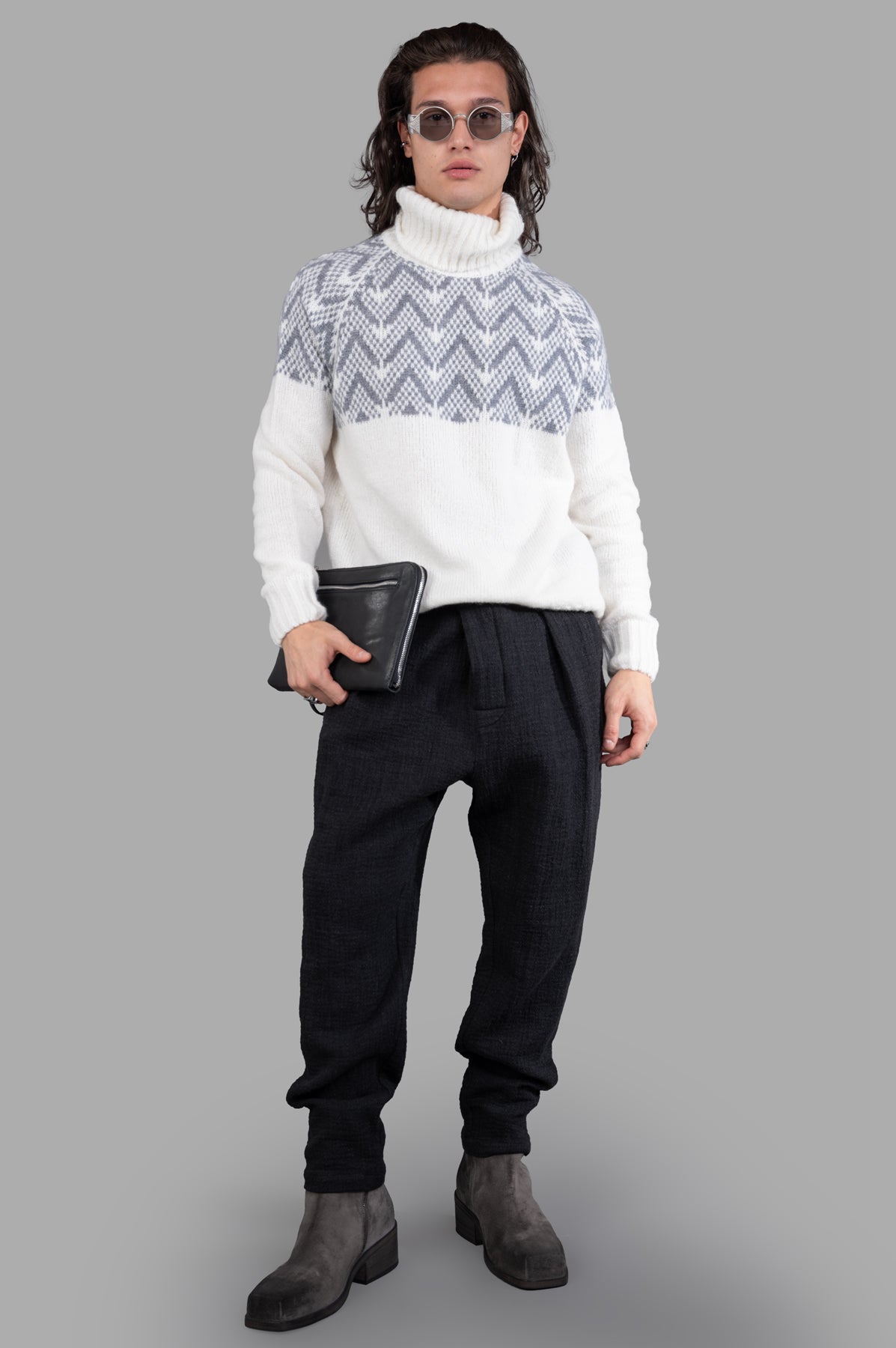 AION Jacquard Knit Sweater in white/grey, modeled with a turtleneck and elegant pattern for winter style.