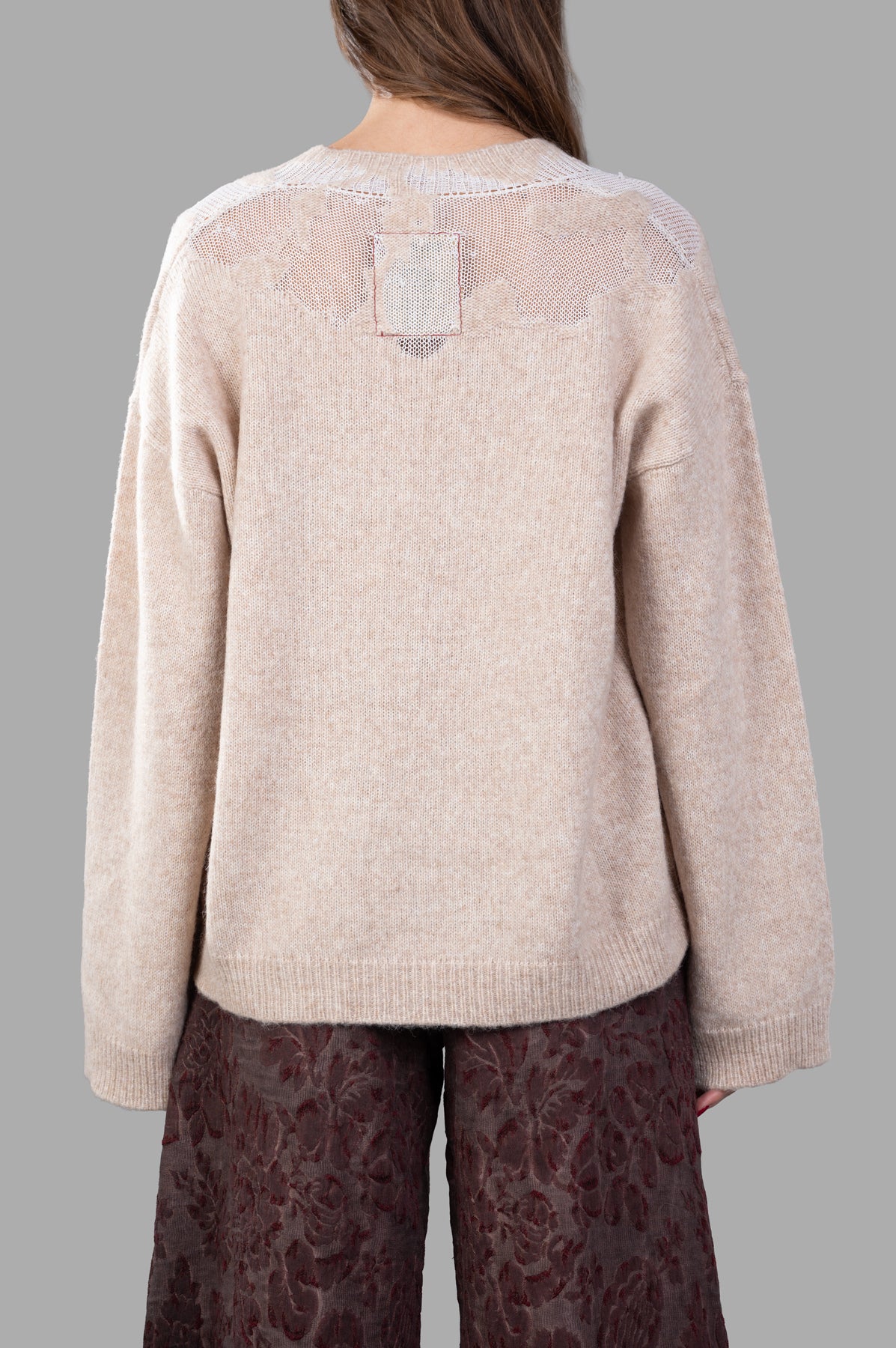 Uma Wang Long-sleeve Sweater featuring a cozy beige marl knit with elegant drop-stitch detailing at the back.