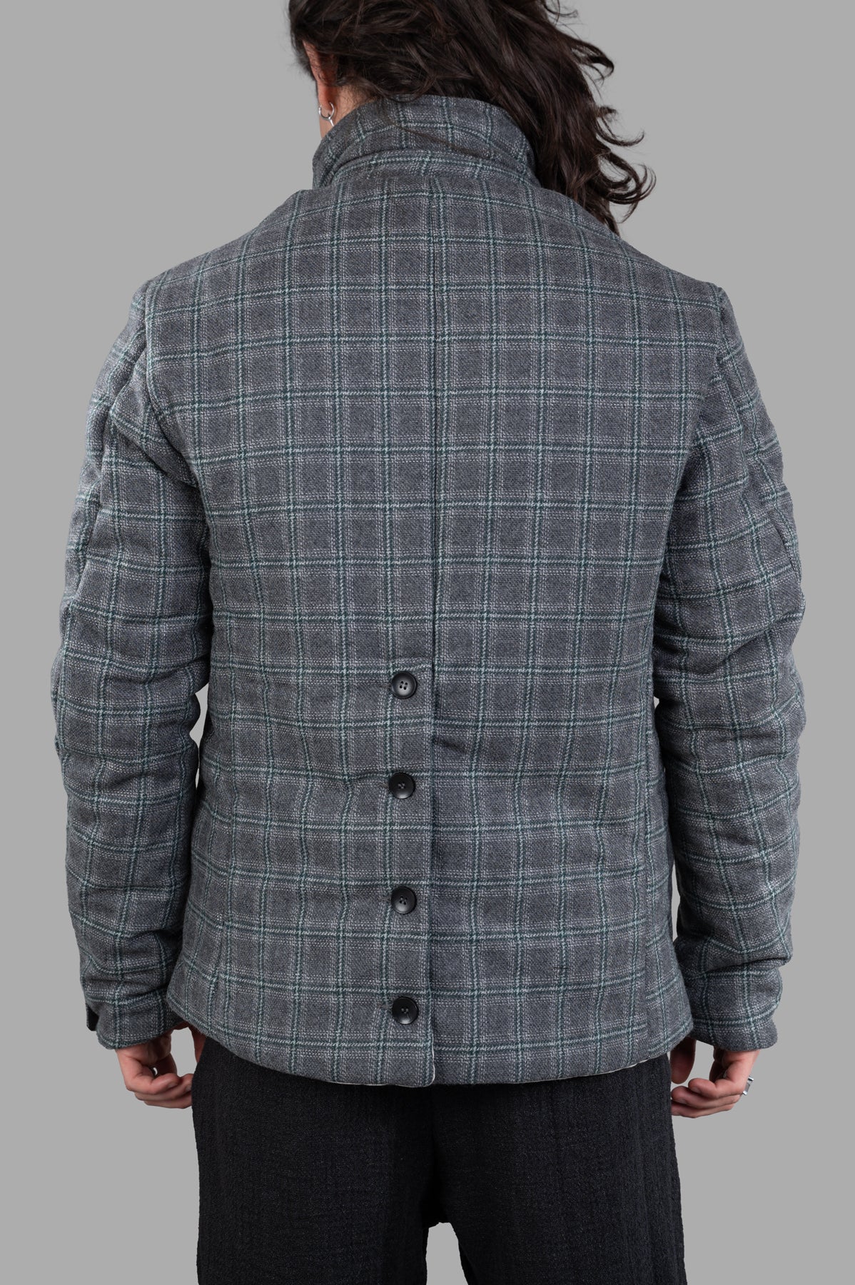 Marc Point Padded Plaid Jacket in grey, featuring buttoned back vent, side pockets, and textured plaid fabric.