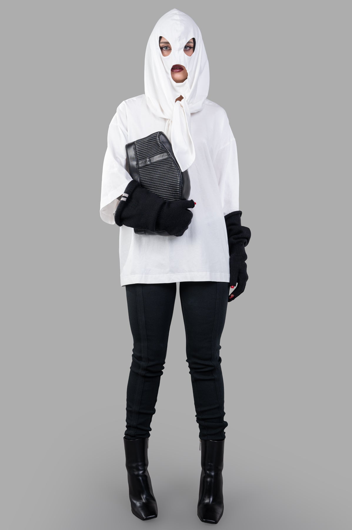 Natasha Zinko White Bandit T-shirt, front view on model, features built-in hood/mask. 100% cotton oversized design.