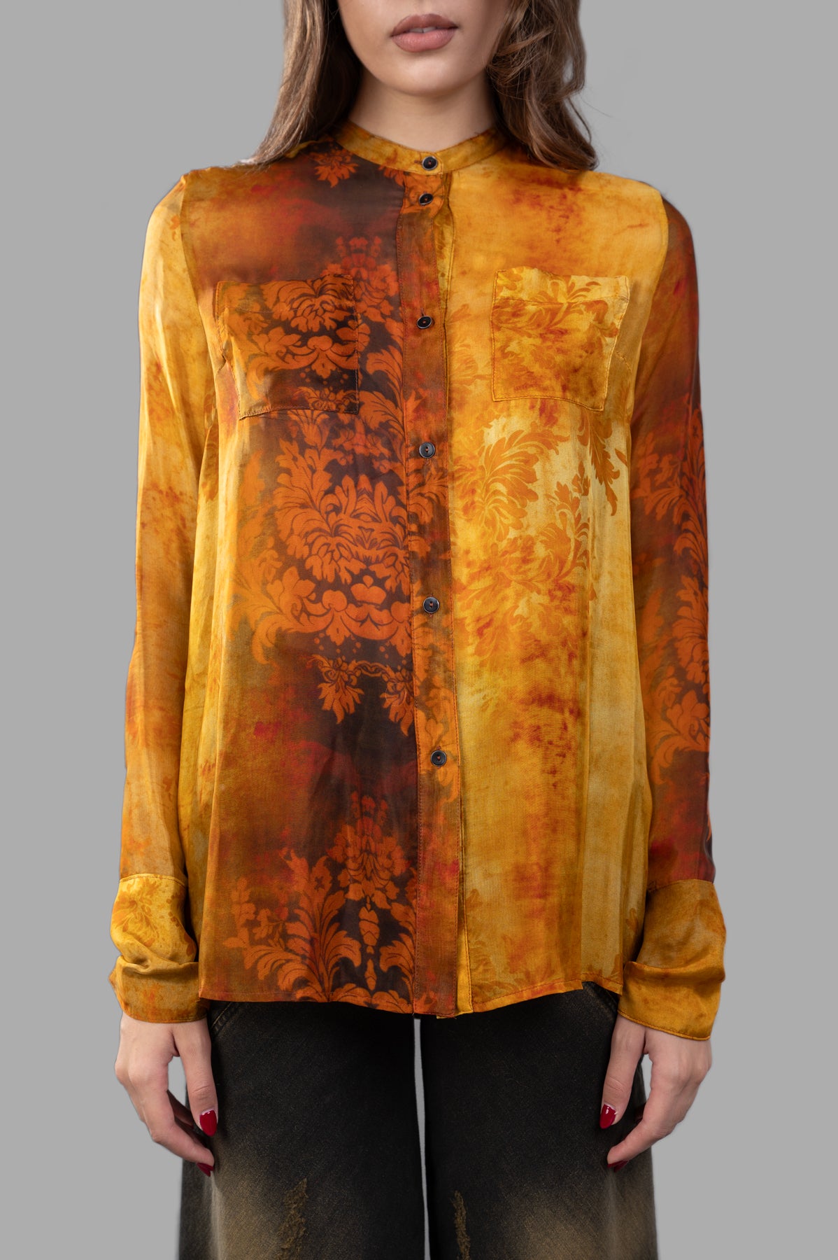 Masnada Silk Printed Shirt in rich burnt orange, showcasing a side view with its collarless cut and striking graphic.