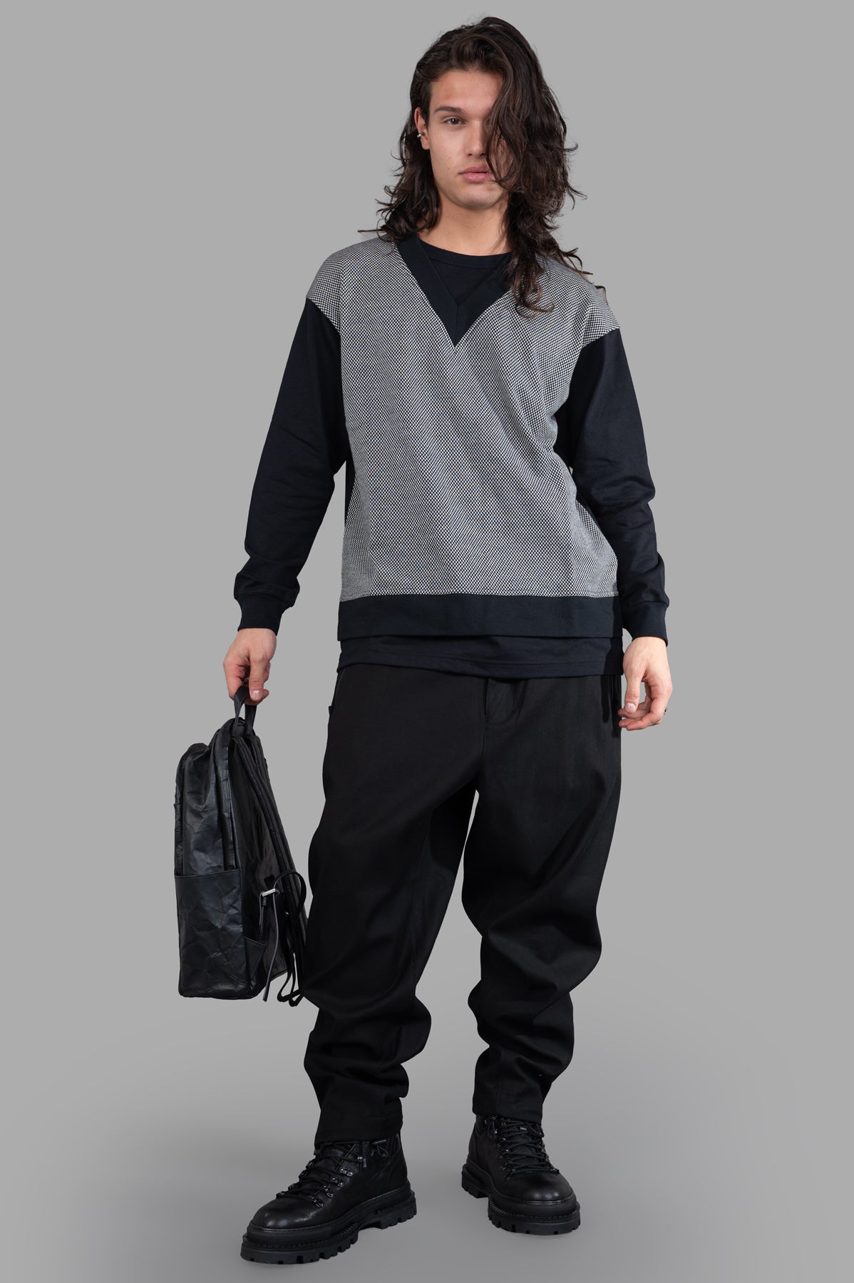 Comme des Garçons Relaxed-fit Sweater with trompe l'oeil vest, front view, black/white, 100% cotton on-model.