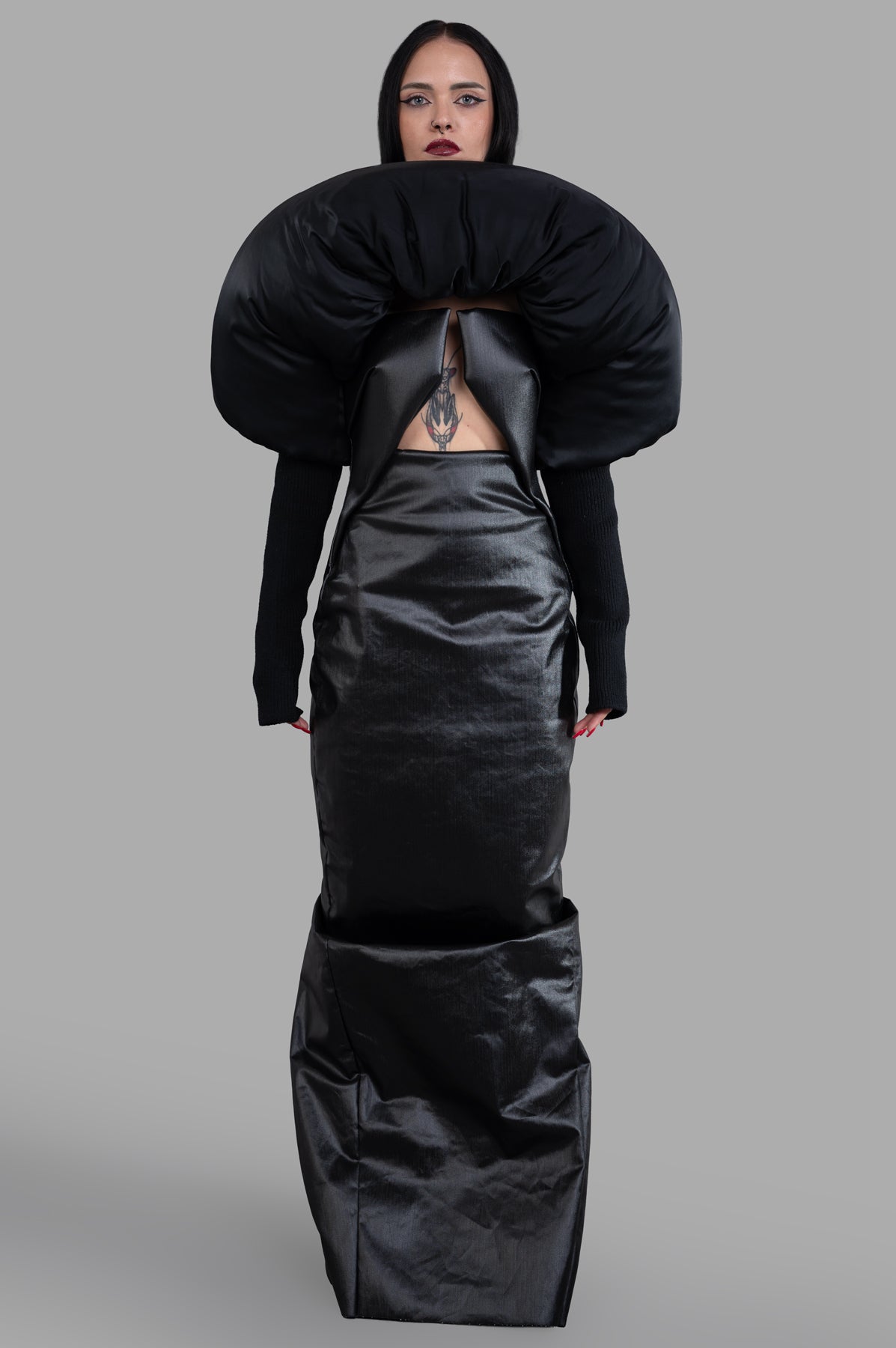 Rick Owens Porterville Runway Duvetina in black, front view showing heavy-weight duvet yoke and ribbed long sleeves.