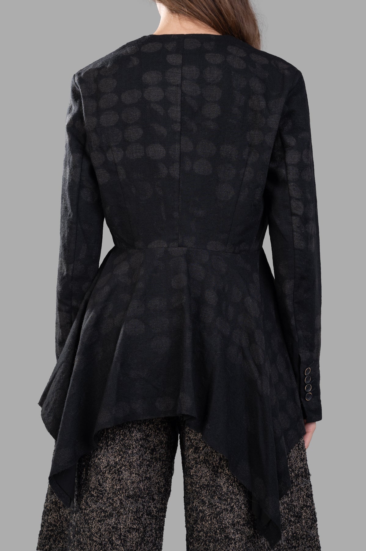 Uma Wang Pleat-detailing Jacket featuring a flared hem, seen from the back with subtle texture, perfect for elegant layering.