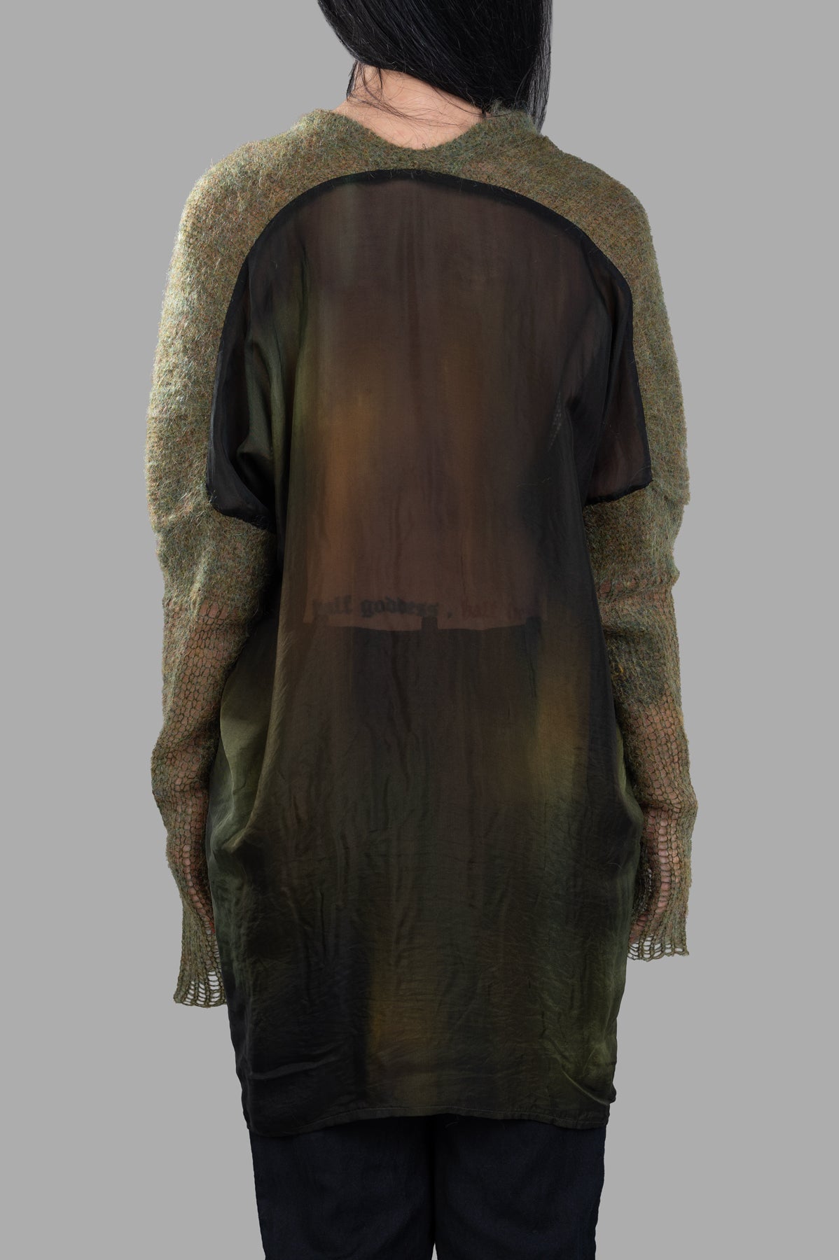 Masnada Moss Mohair Sweater displayed from the back, featuring a unique printed trim and contrasting fabric layering.