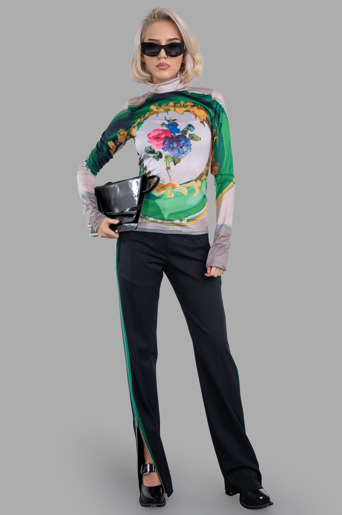 MSGM Floral-print Top in multicolor with high neck and long sleeves, on-model view showing full outfit including black pants.