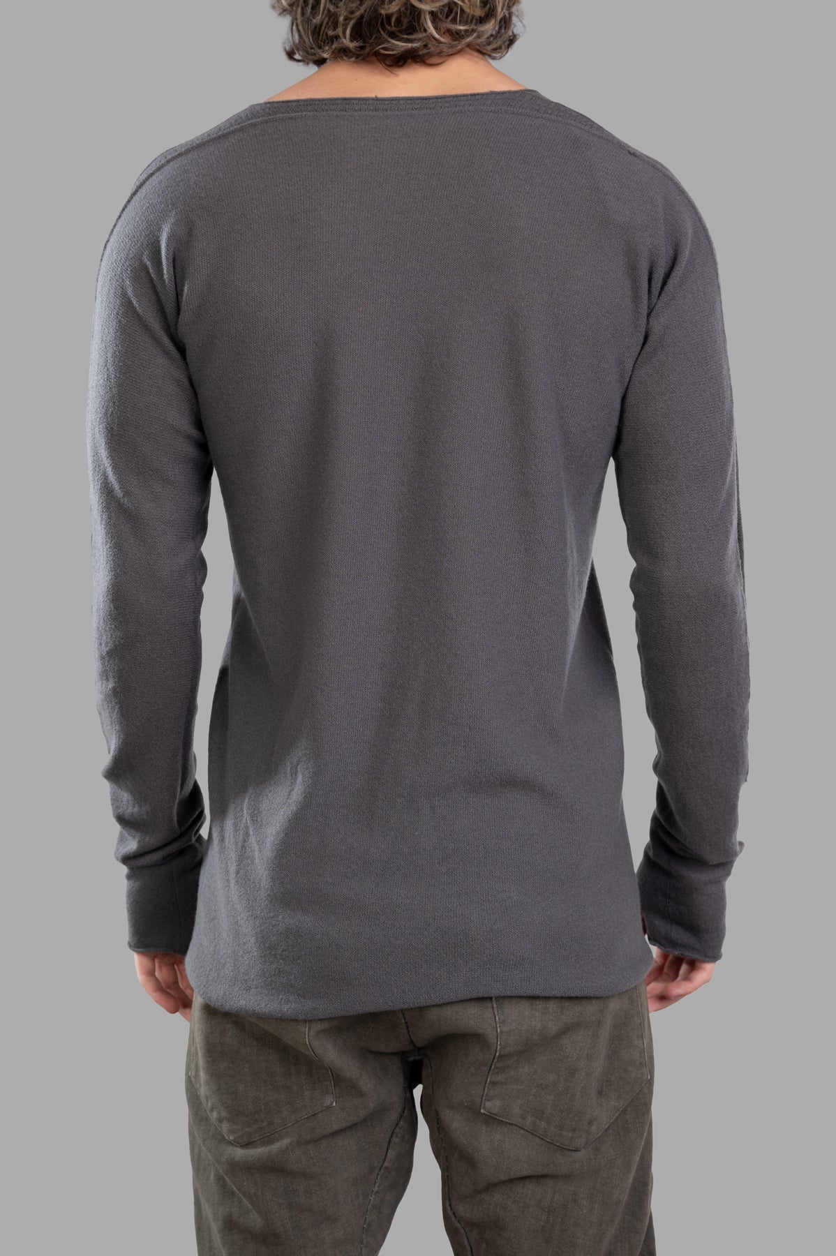 Isaac Sellam Fine-knit Jumper in grey, showing back view with soft cashmere texture and long sleeves. Perfect for layering.