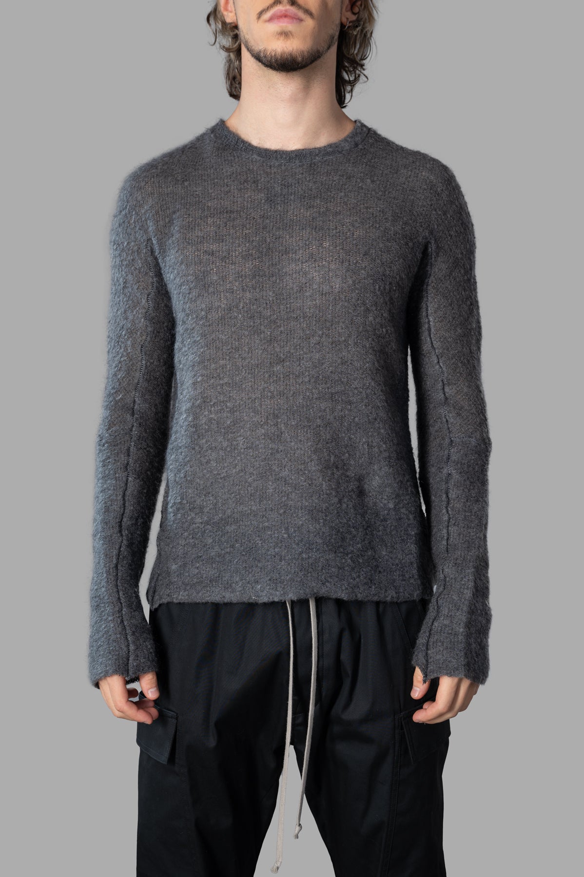 Marc Point Fitted Sweater in grey, featuring a crewneck design and a sleek fitted cut, showcased on model.