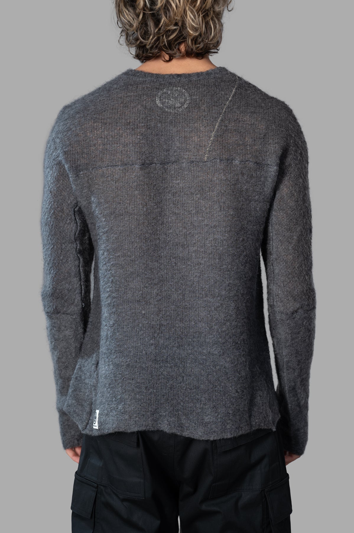 Marc Point Fitted Sweater in grey, showcasing the back view with a crewneck and fitted silhouette.